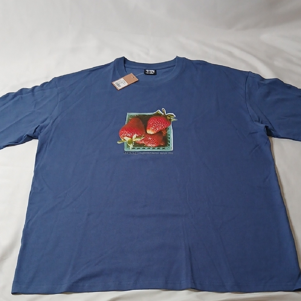 Stussy Blue Tee with Strawberry Graphic